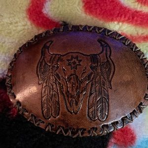 Vintage brown leather covered belt buckle